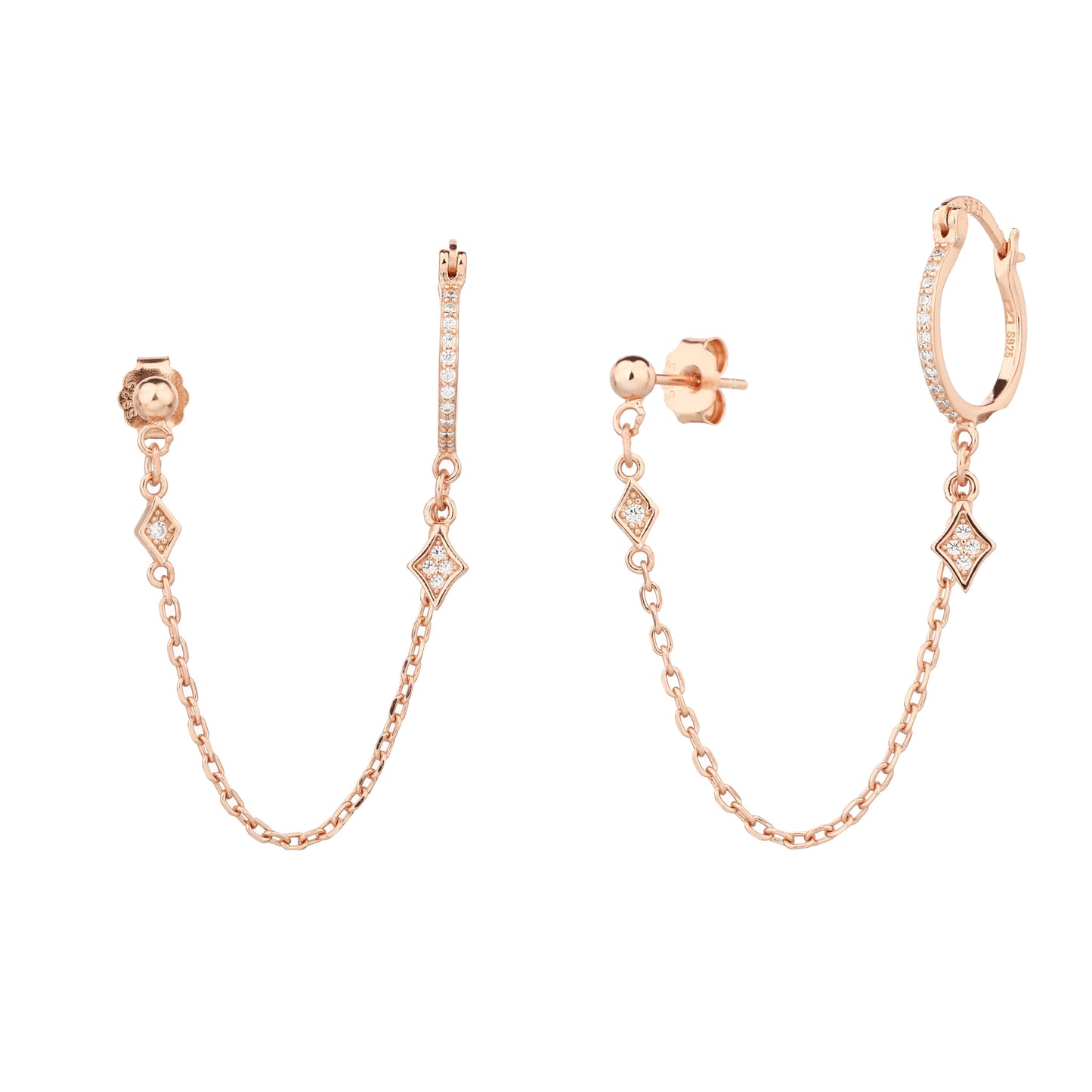 עגילי חישוק שרשרת לשני חורים בציפוי זהב אדום