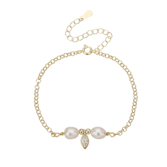 צמיד פנינים לבנות עם תליון טיפה בציפוי זהב 14 קראט .ALWAYS ON