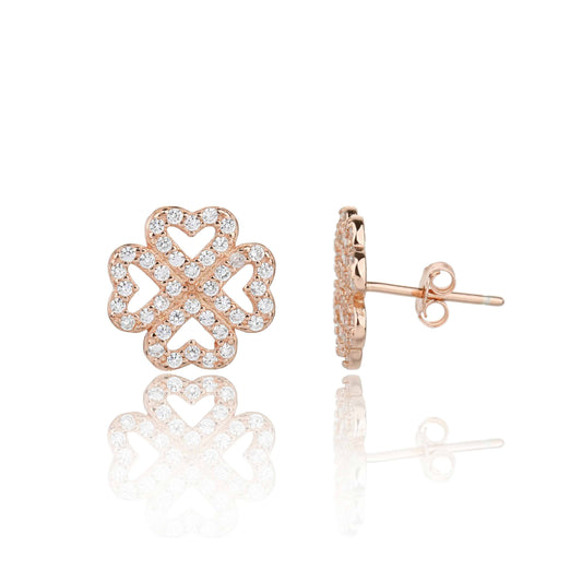 עגילי תלתן צמודים משובצים כסף 925 זהב אדום