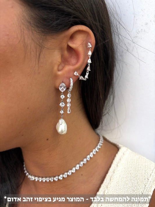 תמונת דוגמנית - עגילי פנינה נופלים כסף 925 זהב אדום !HOLY SHELL