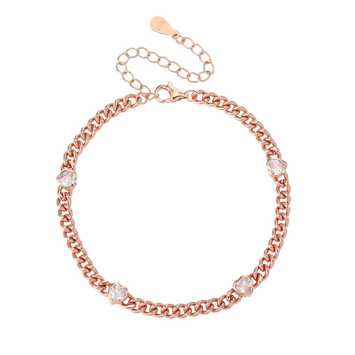 צמיד חוליות משובץ לבבות כסף 925 זהב אדום