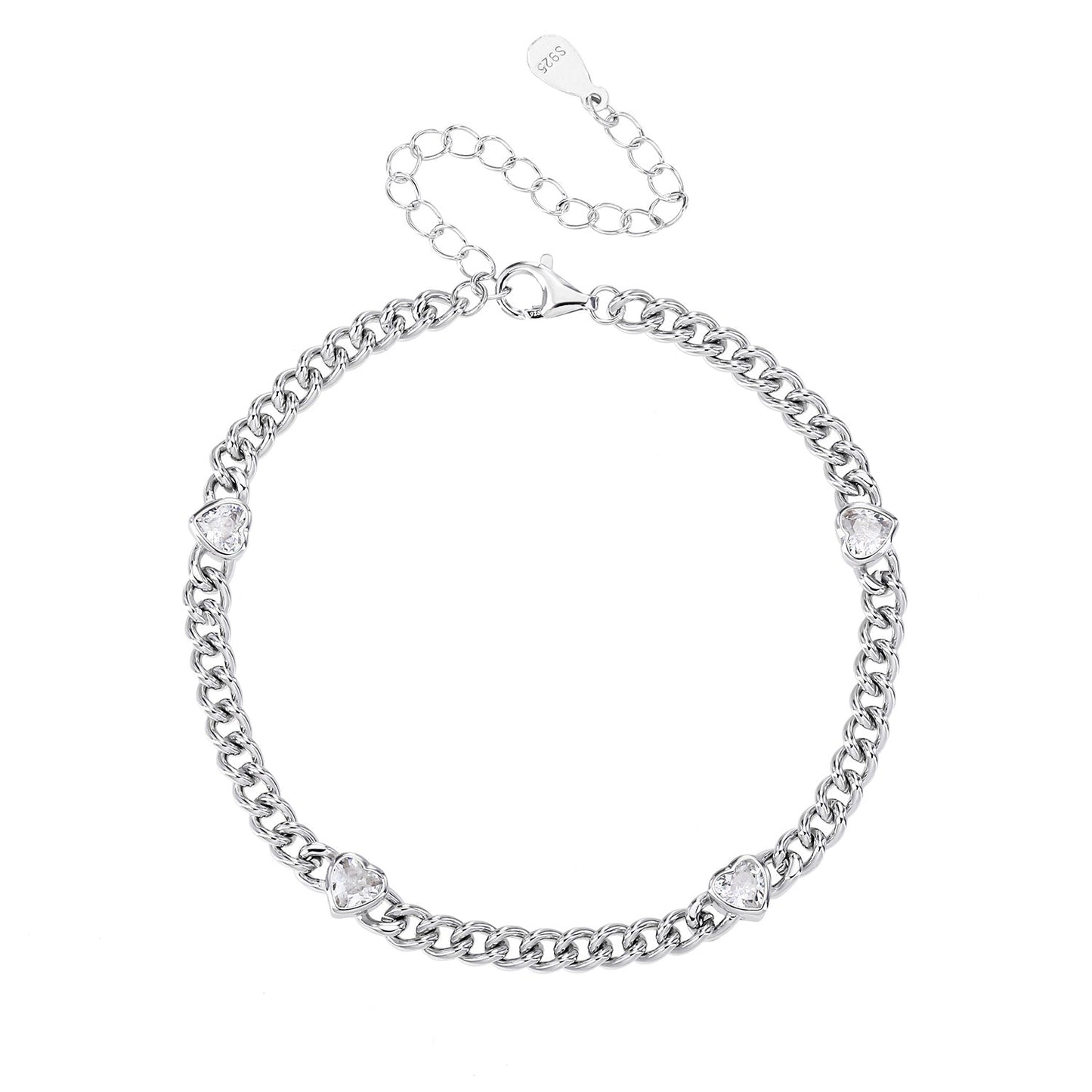 צמיד חוליות עם לבבות כסף 925