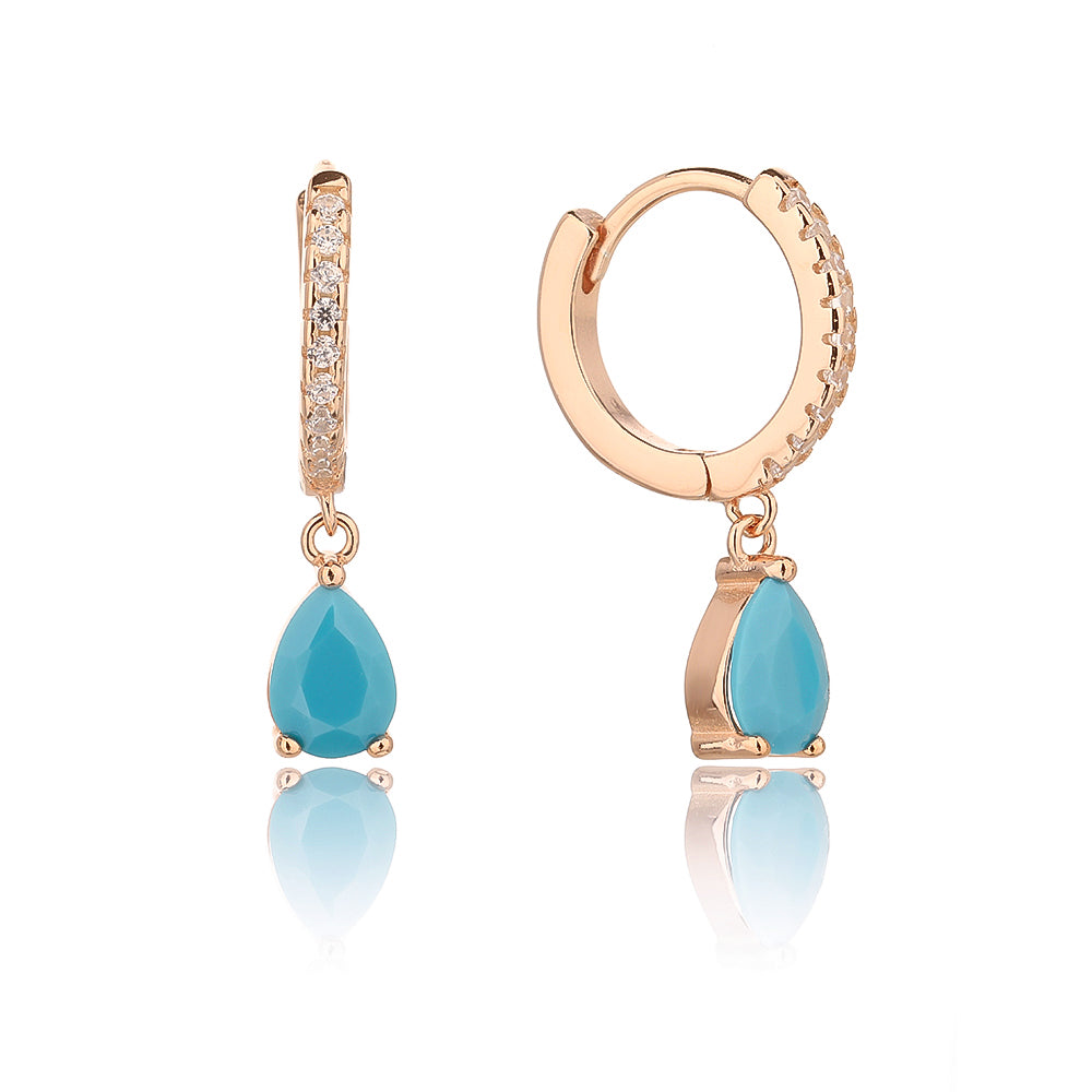 עגילי חישוק אבן טיפה טורקיז נופלת כסף 925 זהב אדום .ALWAYS ON