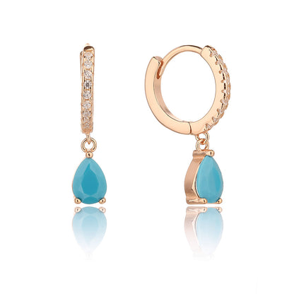 עגילי חישוק אבן טיפה טורקיז נופלת כסף 925 זהב אדום .ALWAYS ON