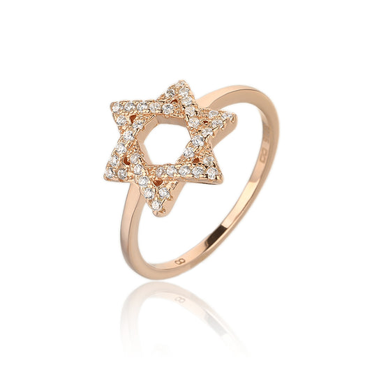 טבעת מגן דוד משובצת בציפוי זהב אדום