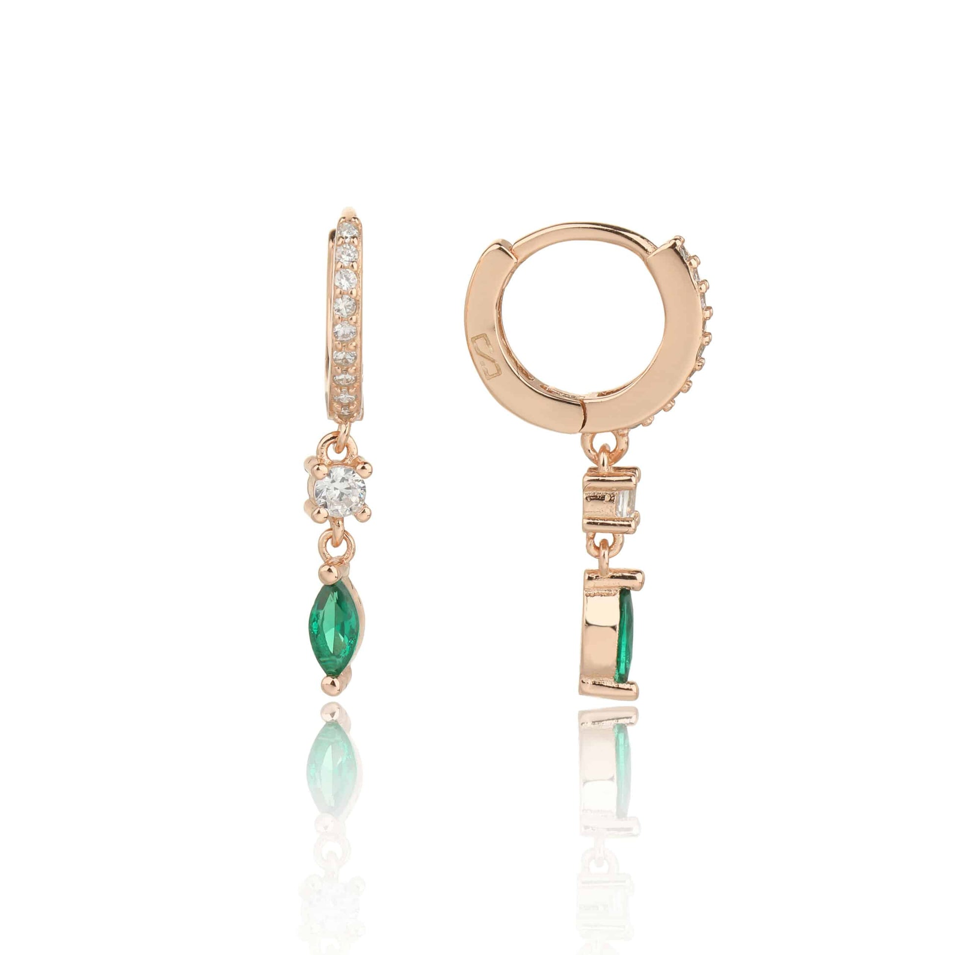 עגילי חישוק אבן טיפה ירוקה נופלת כסף 925 זהב אדום .ALWAYS ON