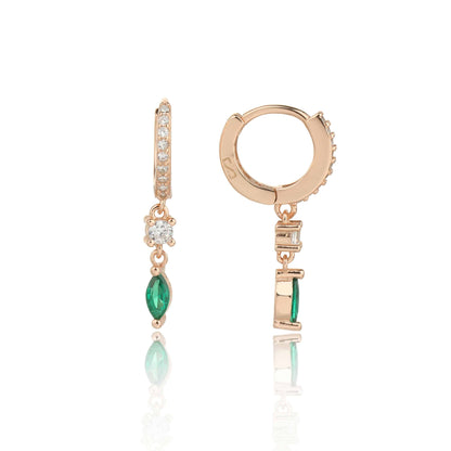 עגילי חישוק אבן טיפה ירוקה נופלת כסף 925 זהב אדום .ALWAYS ON