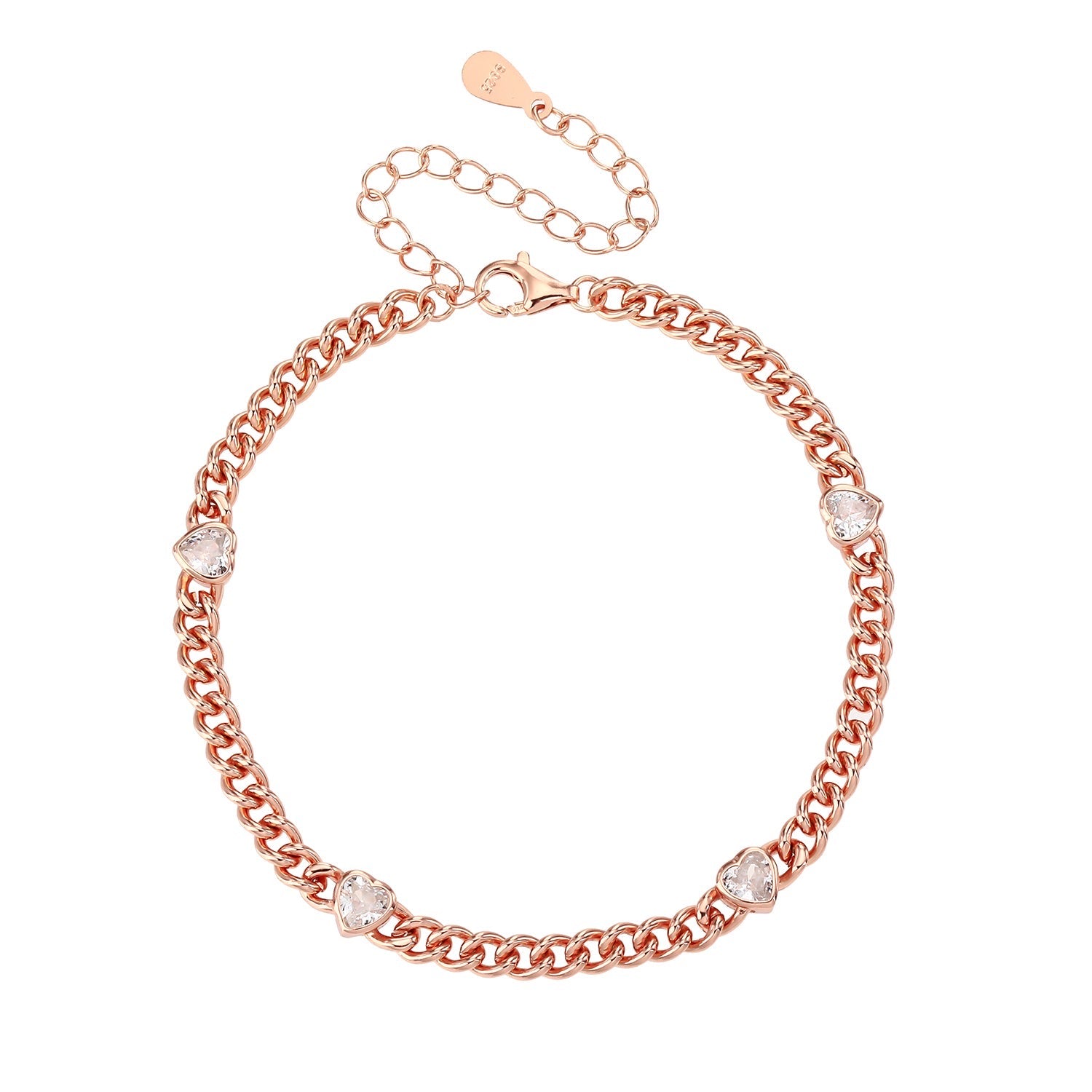 צמיד חוליות משובץ לבבות כסף 925 זהב אדום