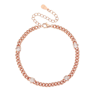 צמיד חוליות משובץ לבבות כסף 925 זהב אדום