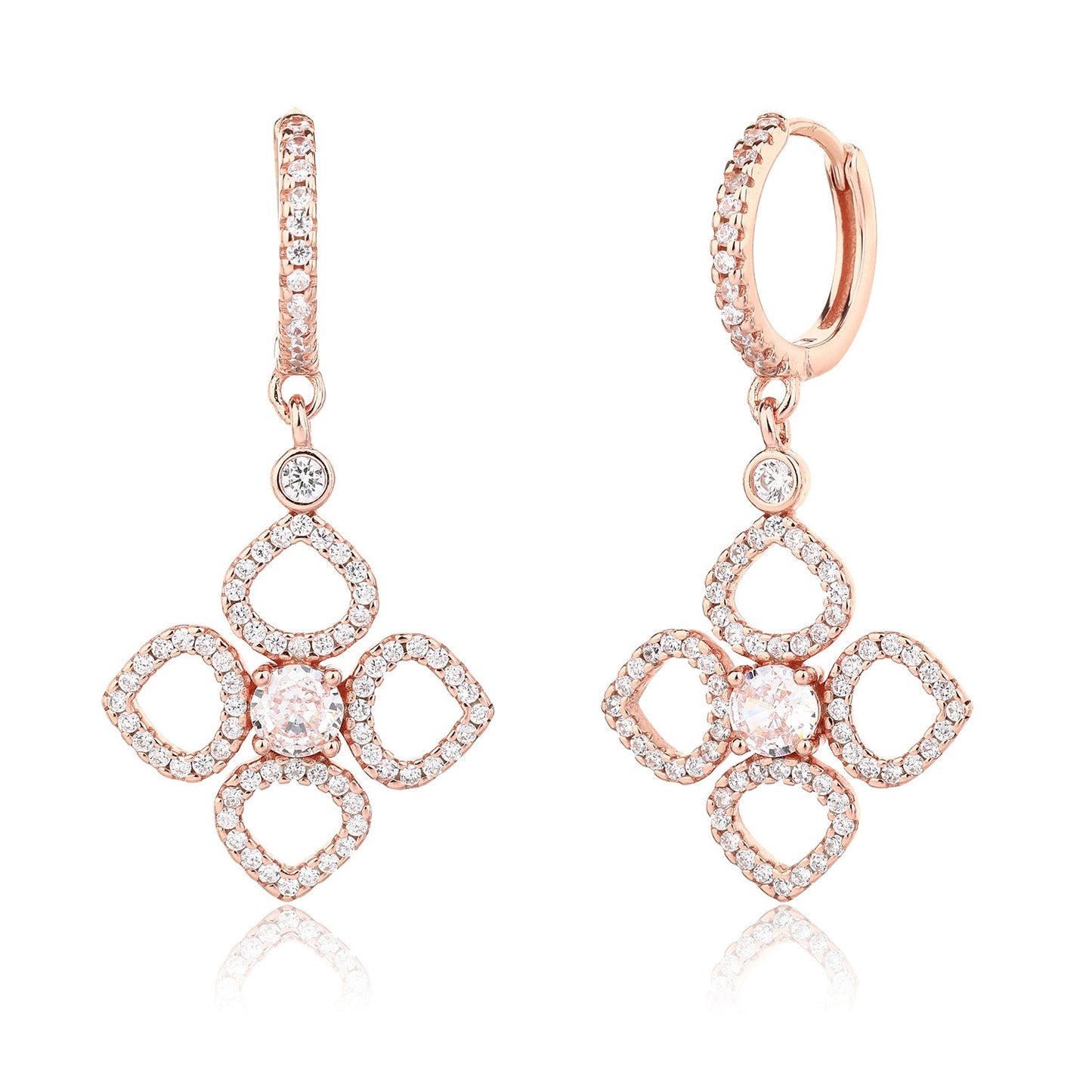 עגילי חישוק תליוני פרח משובצים בציפוי זהב אדום